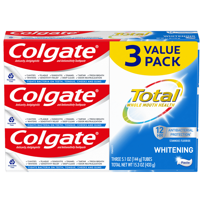 Colgate Total Whitening Toothpaste; Mint; 3 Pack; 5.1 oz Tubes