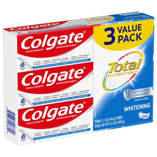 Colgate Total Whitening Toothpaste; Mint; 3 Pack; 5.1 oz Tubes