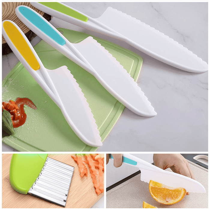 8 PCS Wooden Kids Safe Knives for Real Cooking Include Wood Kids Kitchen Knife Plastic Cutting Board Peeler Potato Slicers Cooking Knives Serrated Edges Toddler Knife for Kitchen