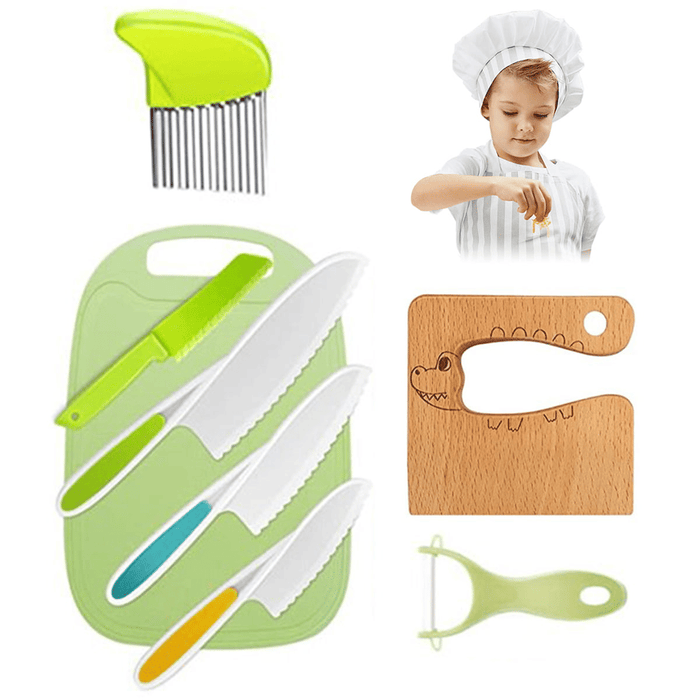 8 PCS Wooden Kids Safe Knives for Real Cooking Include Wood Kids Kitchen Knife Plastic Cutting Board Peeler Potato Slicers Cooking Knives Serrated Edges Toddler Knife for Kitchen