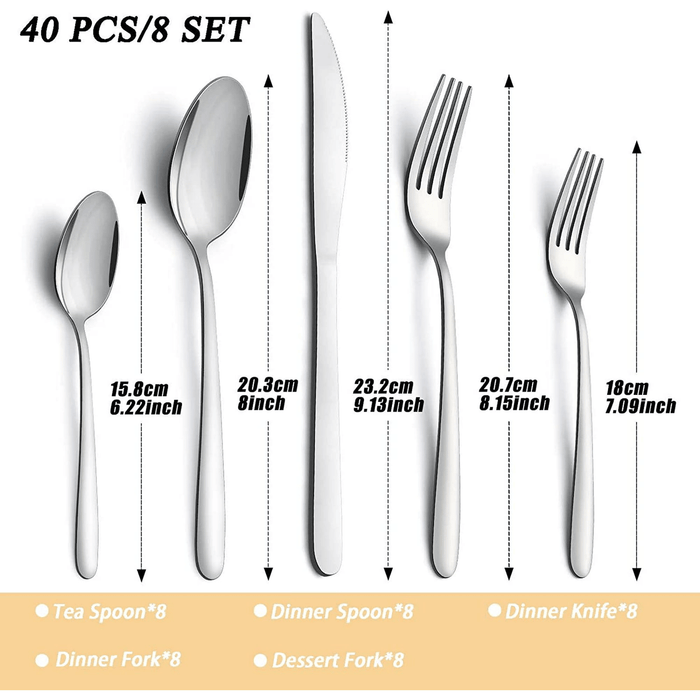 Bestdin Silverware Set, 40 Pieces Stainless Steel Flatware Set for 8, Include Fork Knife Spoon Set, Mirror Polished, Dishwasher Safe, Cutlery Set for Home Kitchen Restaurant Hotel