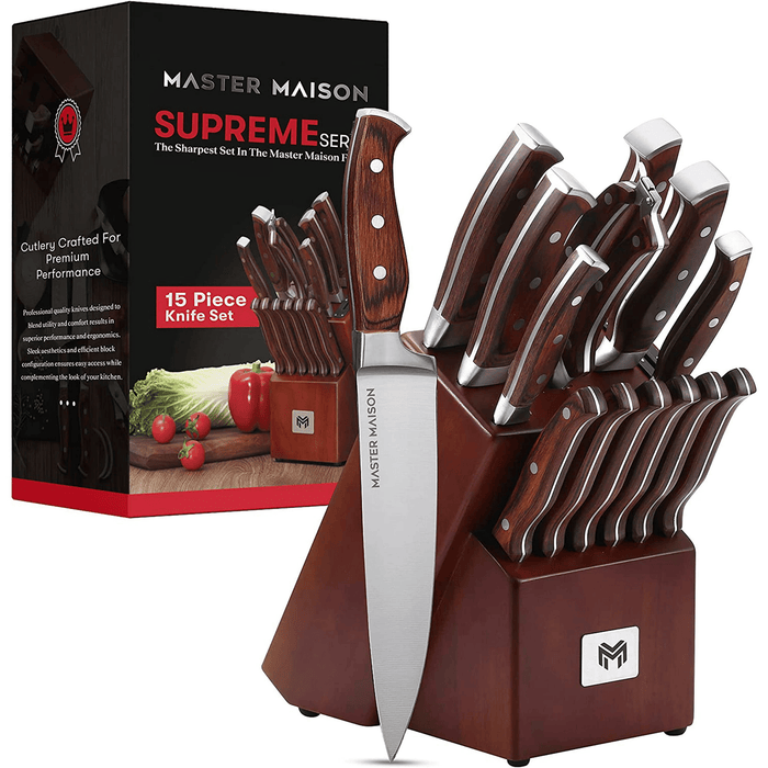 Master Maison 15-Piece Premium Kitchen Knife Set With Block | Master Maison German Stainless Steel Knives With Knife Sharpener & 6 Steak Knives (Walnut)