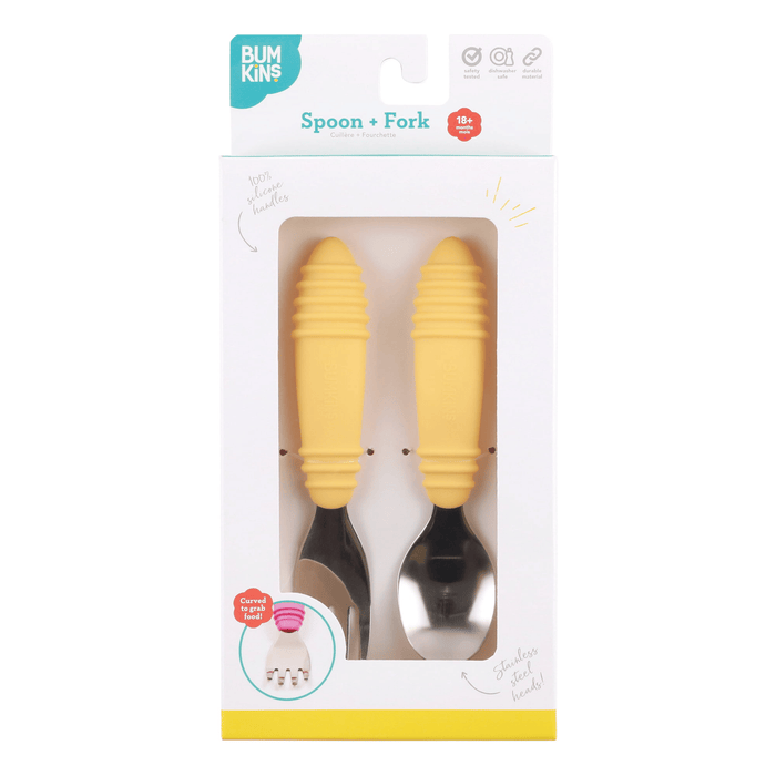 Bumkins Toddler Fork and Spoon Set, Stainless Steel & Silicone for 18 Mos+ (Pineapple)