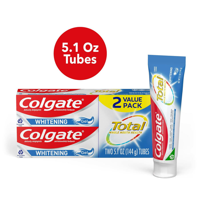 Colgate Total Teeth Whitening Toothpaste Gel; Mint Toothpaste; 5.1 oz Tube; 2 Pack
