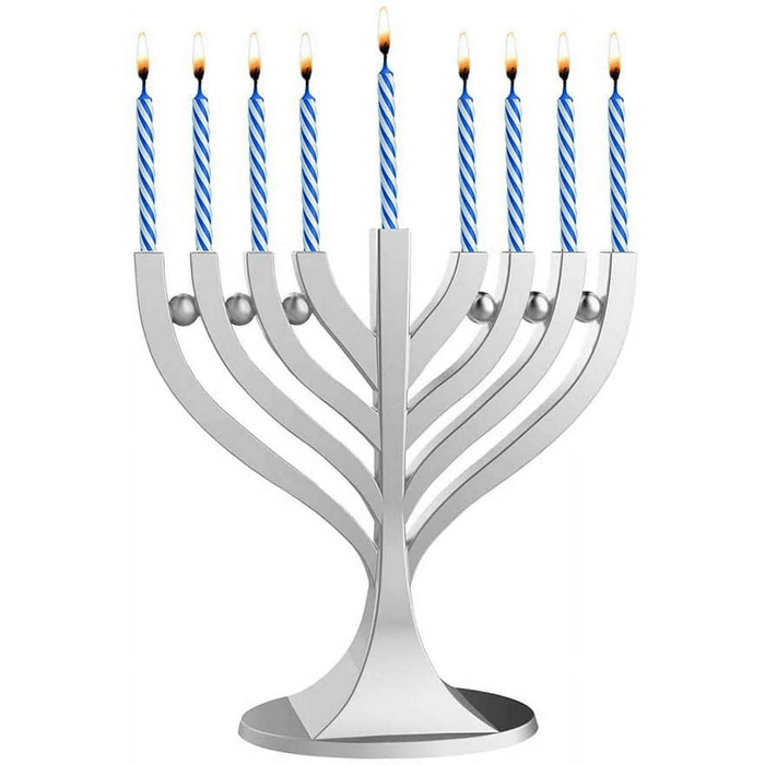 Zion Judaica Mini Classic Menorah with Mini Birthday Size Hanukkah Candles - Satin Silver Small Travel Minorah with 44 Blue and White Spiral Chanukah Candles - On The Go Hanukkiah Cute Hanukkah Gift