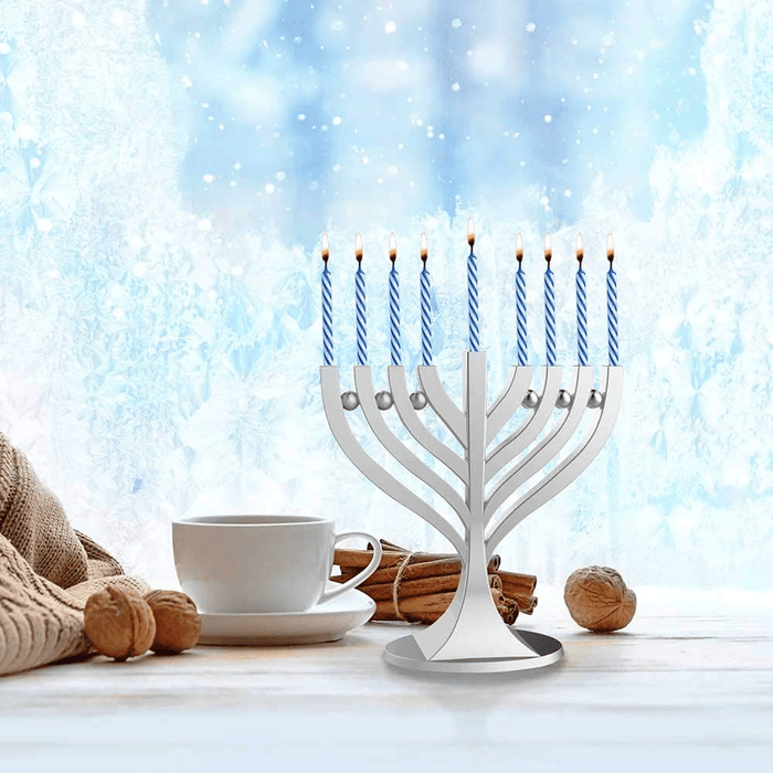 Zion Judaica Mini Classic Menorah with Mini Birthday Size Hanukkah Candles - Satin Silver Small Travel Minorah with 44 Blue and White Spiral Chanukah Candles - On The Go Hanukkiah Cute Hanukkah Gift