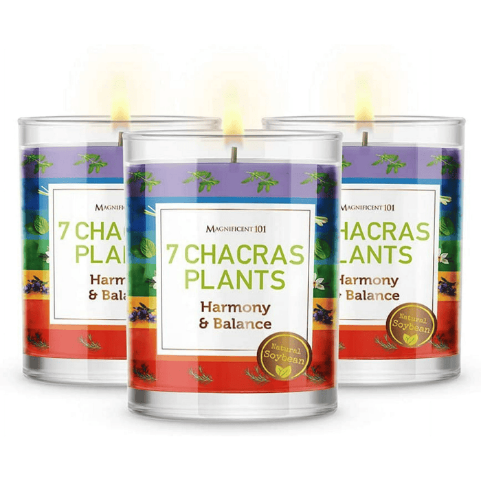 Magnificent 101 Set of 3 Long-Lasting 7 Chakras Plants Aromatherapy Candles | 10.5 Oz - 42-Hour Burn | 100% Soy Wax & Herbs | Ideal for Meditation, Energy Cleansing & Manifestation