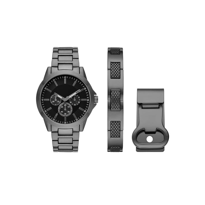 Folio Men's Gunmetal Tone Round Analog Bracelet Watch with Matching Bracelet and Gunmetal Tone Money Clip with Bottle Opener Gift Set (FMDAL1147)