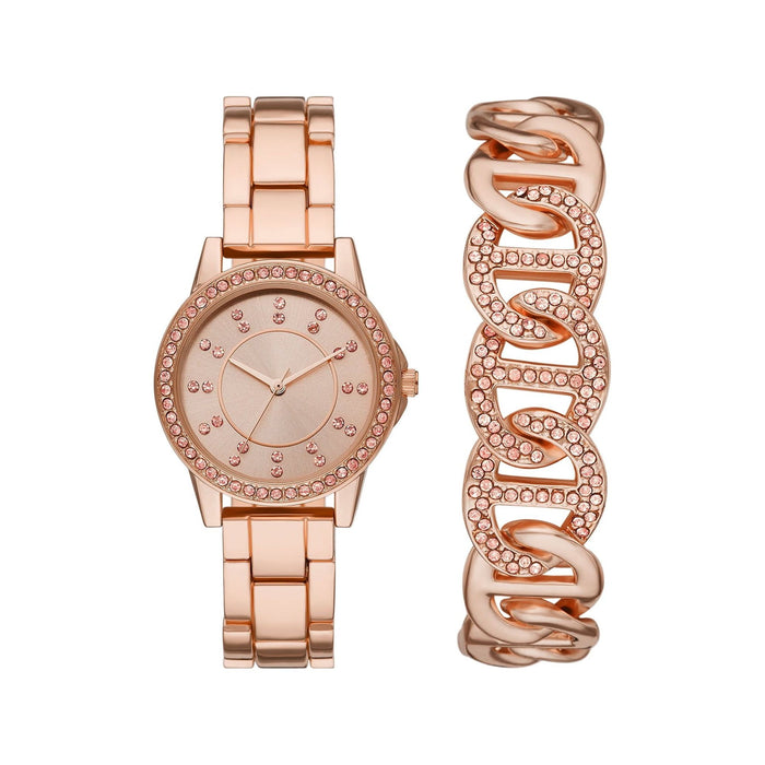 Time & Tru Women's Wristwatch Set: Rose Gold Tone Watch and Bracelet Set Crystal Accents (FMDXTT033)