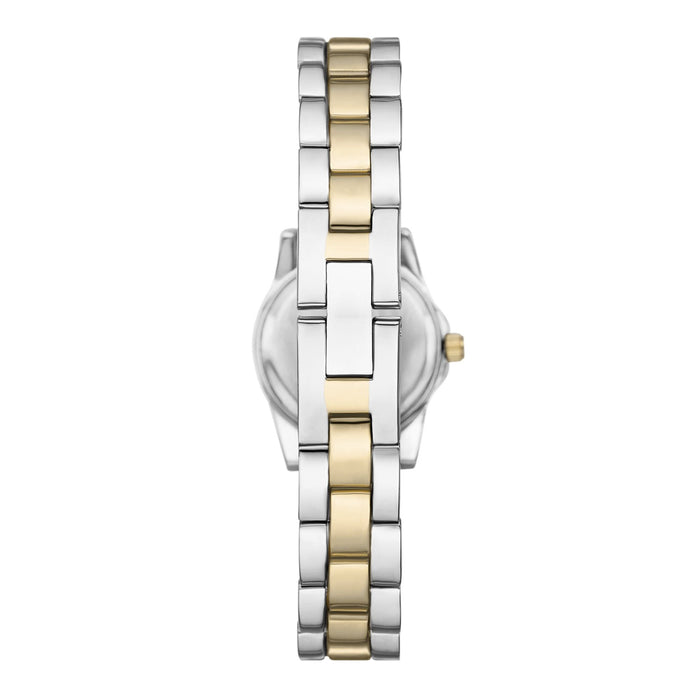 Time & Tru Women's Wristwatch: Two Tone Silver & Gold Round Mini Case and Bracelet, Gold Bezel, Silver Sunray Dial (FMDOTT105)