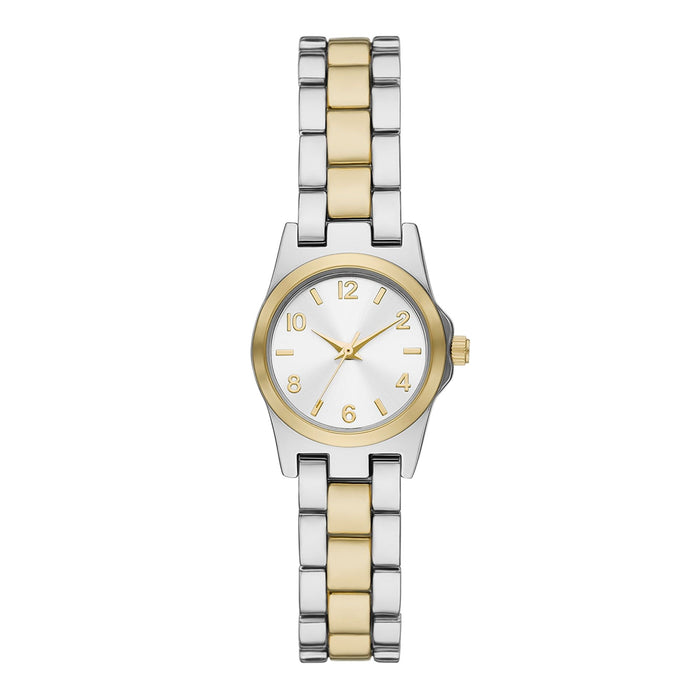 Time & Tru Women's Wristwatch: Two Tone Silver & Gold Round Mini Case and Bracelet, Gold Bezel, Silver Sunray Dial (FMDOTT105)