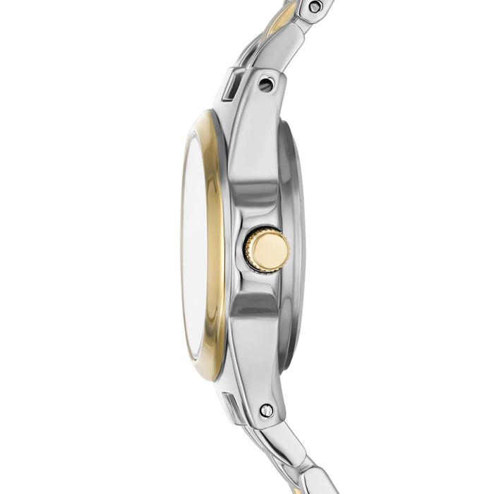 Time & Tru Women's Wristwatch: Two Tone Silver & Gold Round Mini Case and Bracelet, Gold Bezel, Silver Sunray Dial (FMDOTT105)