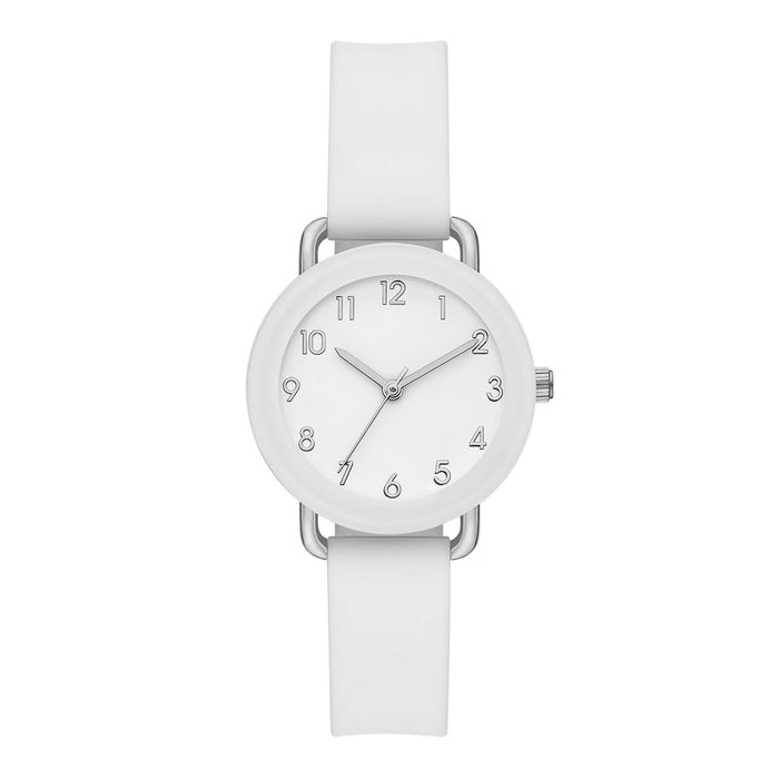 Time and Tru Ladies' Watch, Silver Round Case, White Bezel, White Easy to Read Dial and White Smooth Silicone Strap (FMDOTT095)