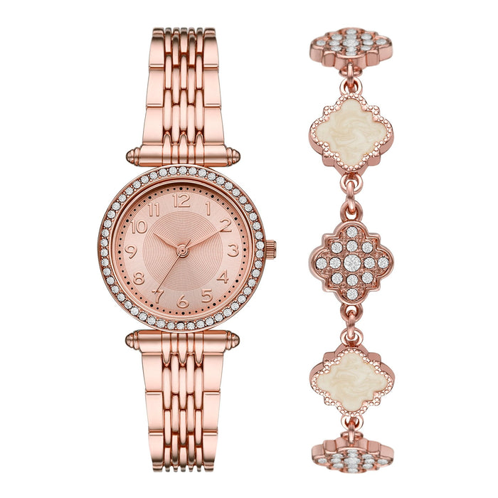 Time & Tru Women's Wristwatch Set: Rose Gold Tone T-Bar Watch and Bracelet Set Crystal Accents (FMDXTT046)