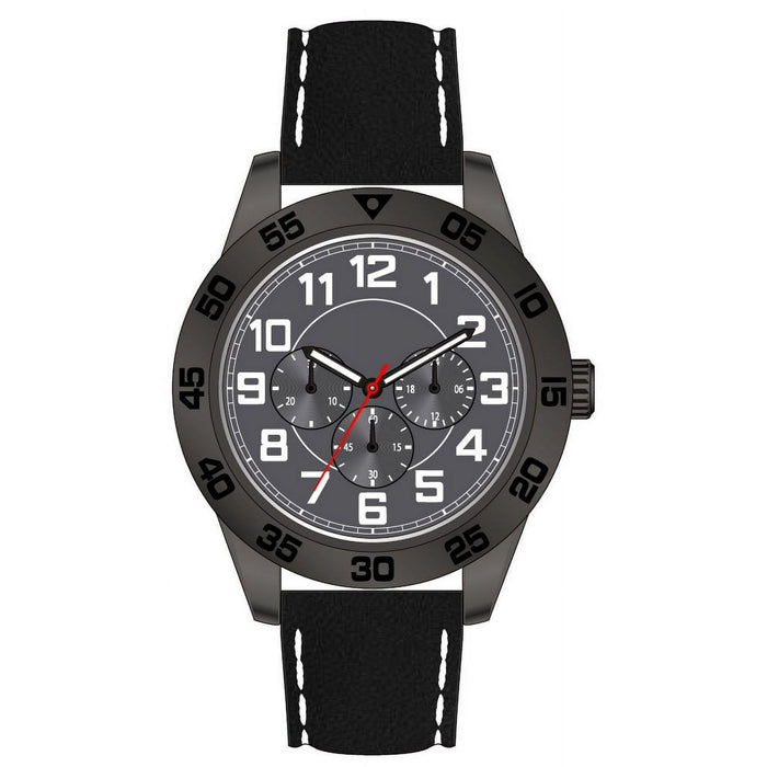 George 44mm Men's Gunmetal Tone Sport Bezel Easy Read Black Stitched Strap Watch