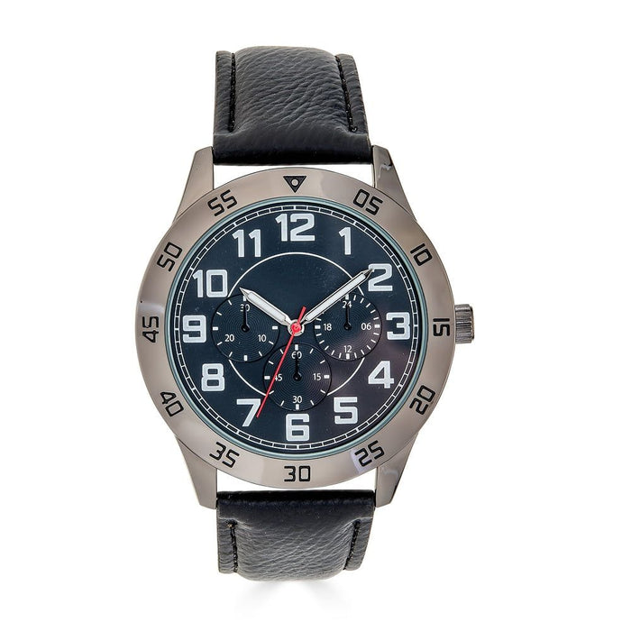 George 44mm Men's Gunmetal Tone Sport Bezel Easy Read Black Stitched Strap Watch