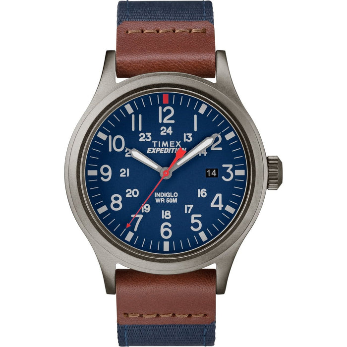 Timex Men's Expedition Scout 40mm Watch ¨C Gray Case Blue Dial with Blue & Brown Fabric & Leather Strap