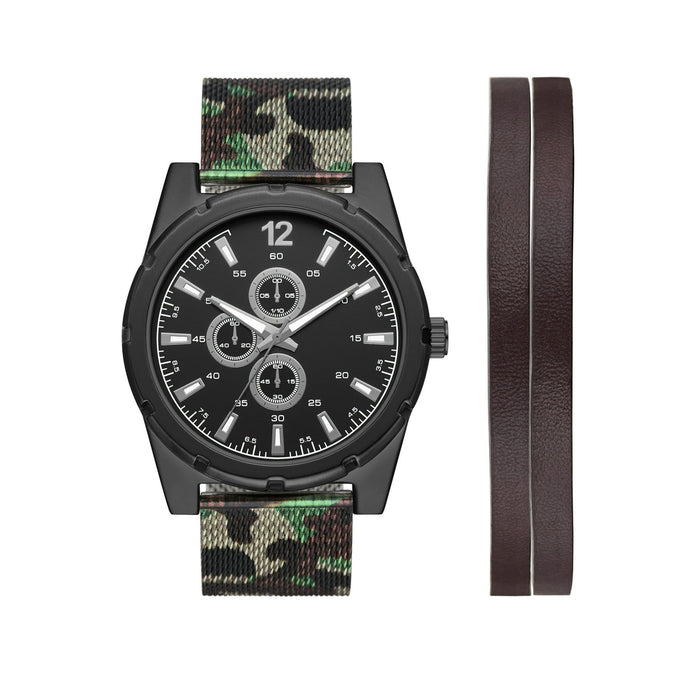 George Men's Watch Set: Gunmetal Tone Case, Black Dial, Camo Mesh Band, Brown Vegan Leather Double Strap (FMDXGE040)