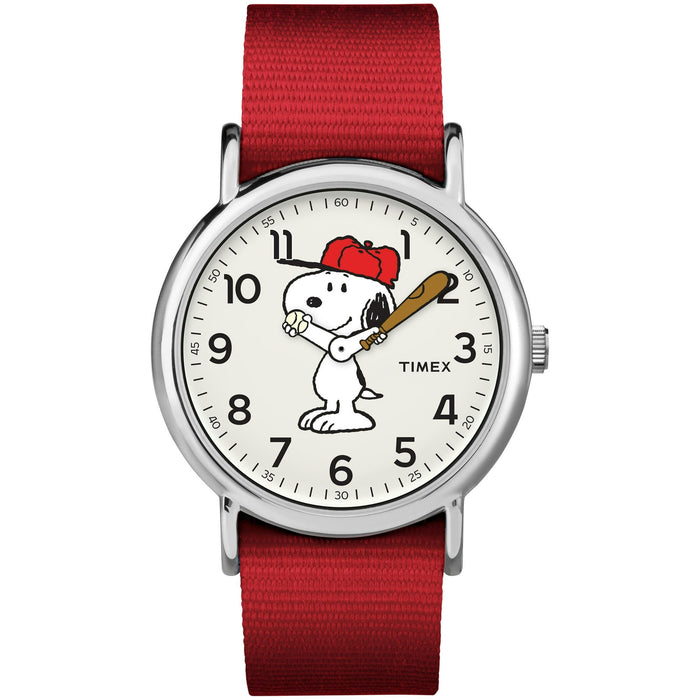 Timex x Peanuts Unisex Weekender 38mm Watch ¨C Snoopy with Red Fabric Slip-Thru Strap