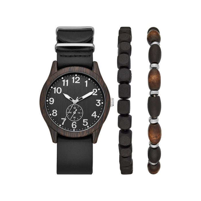 George Men's Gunmetal Analog Watch: Easy-Read Dial, Black Vegan Leather, Bonus Stretchy Bead Bracelets (FMDXGE013)