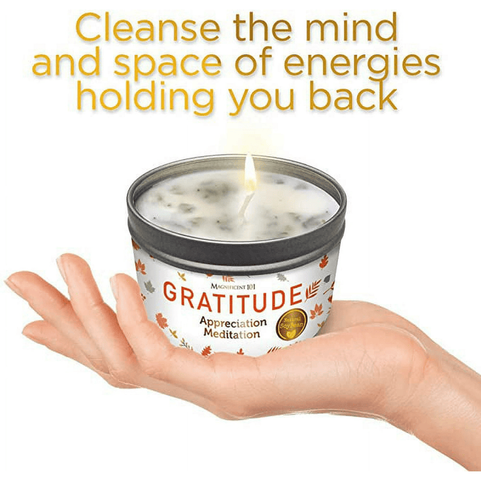 Magnificent 101 Long Lasting Gratitude Smudge Candle | 6 Oz - 35 Hour Burn | Paraffin Free Sage Scented Soy Wax Candle for Appreciation, House Energy Cleansing & Manifestation