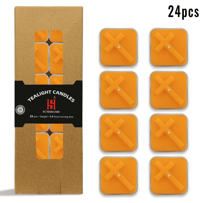 Natural Beeswax Tea Candles, FCMSHAMD 24 Pack Handmade Beeswax Candles, Cross Pattern Square Smokeless Tealight Candles with Clear Cup Great for Home Decoration