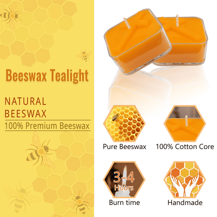 Natural Beeswax Tea Candles, FCMSHAMD 24 Pack Handmade Beeswax Candles, Cross Pattern Square Smokeless Tealight Candles with Clear Cup Great for Home Decoration