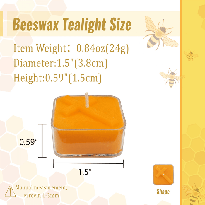 Natural Beeswax Tea Candles, FCMSHAMD 24 Pack Handmade Beeswax Candles, Cross Pattern Square Smokeless Tealight Candles with Clear Cup Great for Home Decoration