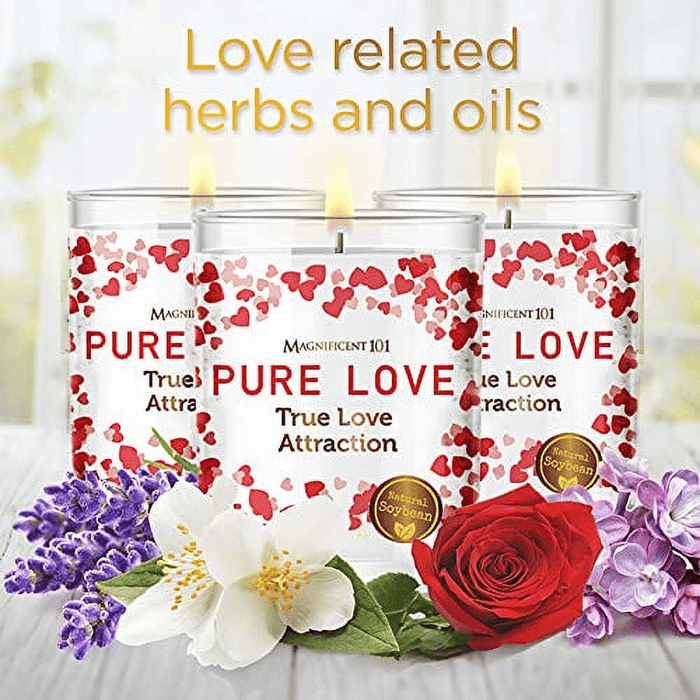 Magnificent 101 Long Lasting Set of 3 Pure Love Smudge Candles | 3.5 Oz Each - 42 Hour Burn | All Natural Soy Wax Candle with Florals & Essential Oils for True Love Attraction & Manifestation