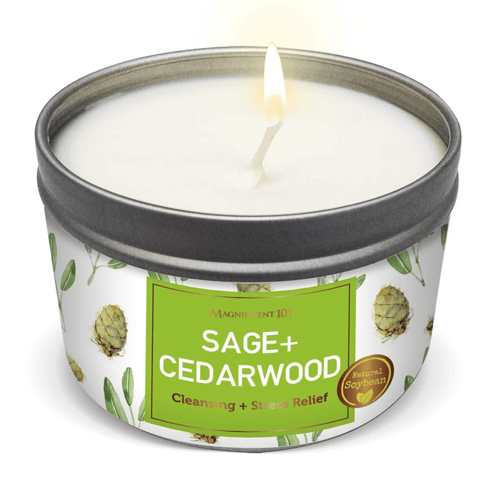 SAGE + Cedarwood Aromatherapy Candle for House Energy Cleansing and Stress Relief, Banishes Negative Energy I Purification and Chakra Healing - Natural Soy Wax Tin Candle for Aromatherapy