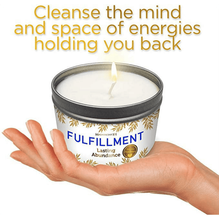 Magnificent 101 Long Lasting Fulfillment Smudge Candle for Lasting Abundance | 6 Oz - 35 Hour Burn | Soy Wax Candle with Sage Leaves, Lemon, Rosemary & Sandalwood