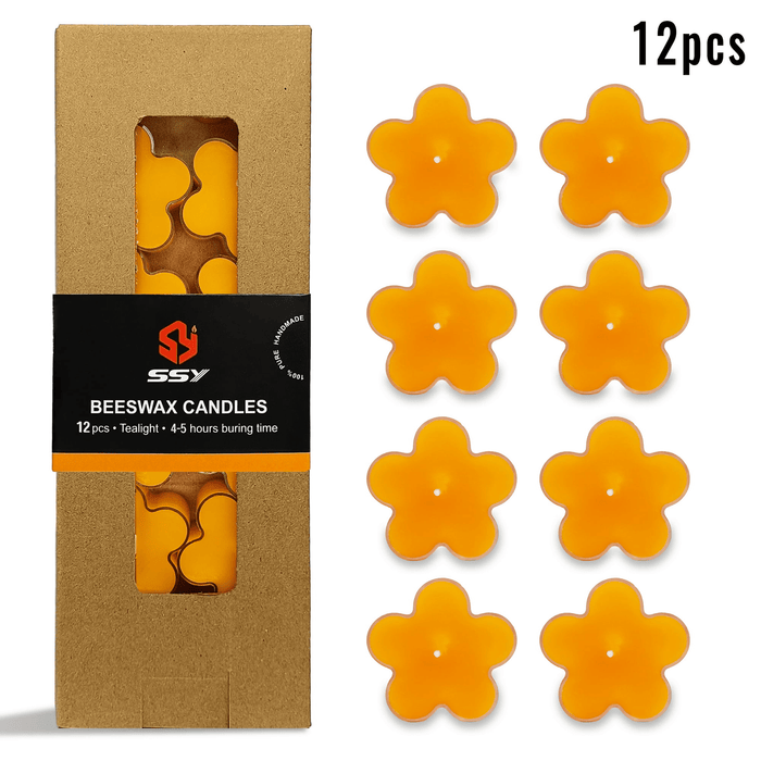 Natural Beeswax Tea Candles, FCMSHAMD 12 Pack Handmade Beeswax Candles, Flower Shape Smokeless Tealight Candles with Clear Cup Great for Home Decoration