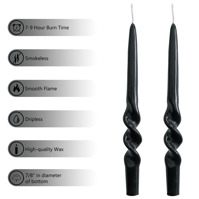 FCMSHAMD 9.3" Spiral Dripless Taper Candles Wedding Festive Dinner Candles Unscented Pillar Candles, Black Pack of 2