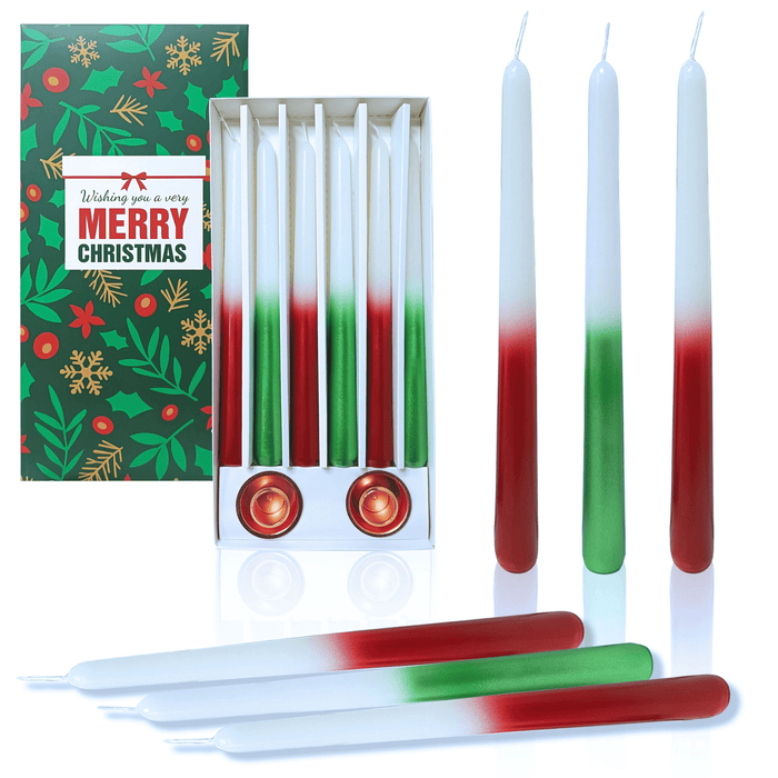 FCMSHAMD 9.6'' Green Red Taper Candles 6 Pack+Candle Holder 2 Pack