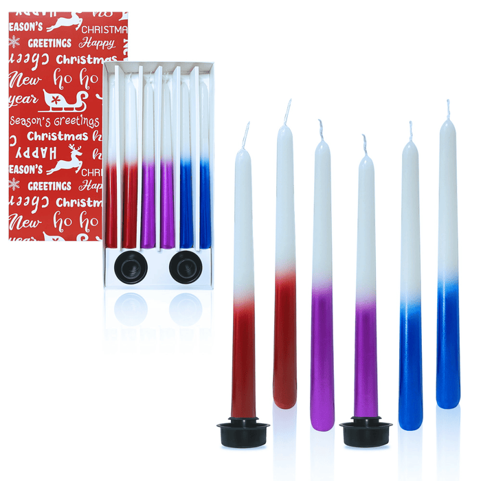 FCMSHAMD 9.6 inch 6pcs Dripless Taper Candles Smokeless Christmas Candles Luxury Candle Gift Set for Holiday Red+Purple+Blue Unscented