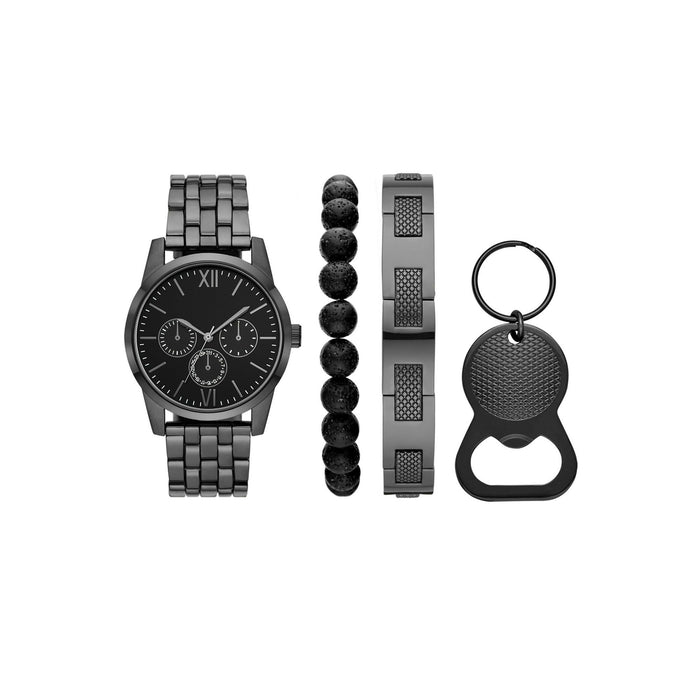 Folio Men's Gunmetal Tone Round Analog Bracelet Watch with Layered Bracelets and Bottle Opener Keyring Gift Set