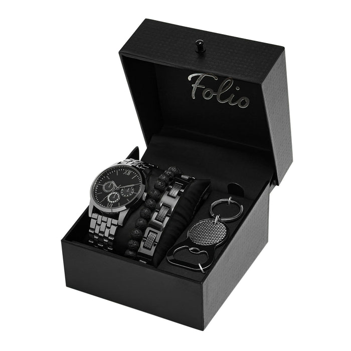 Folio Men's Gunmetal Tone Round Analog Bracelet Watch with Layered Bracelets and Bottle Opener Keyring Gift Set