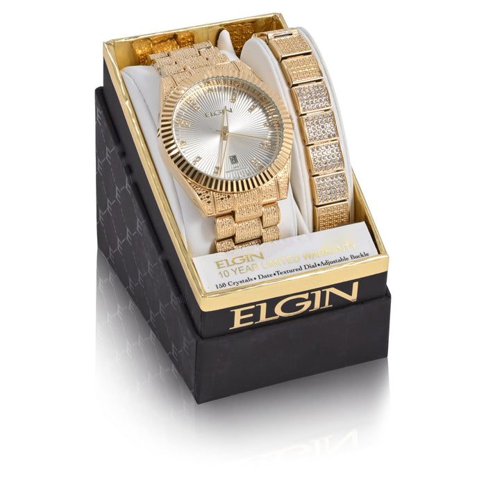 Elgin Adult Male Wristwatch and Matching Bracelet Set in Gold with Textured Dial (FG180017ST)