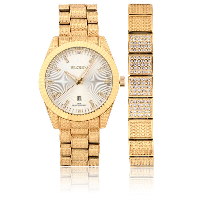 Elgin Adult Male Wristwatch and Matching Bracelet Set in Gold with Textured Dial (FG180017ST)