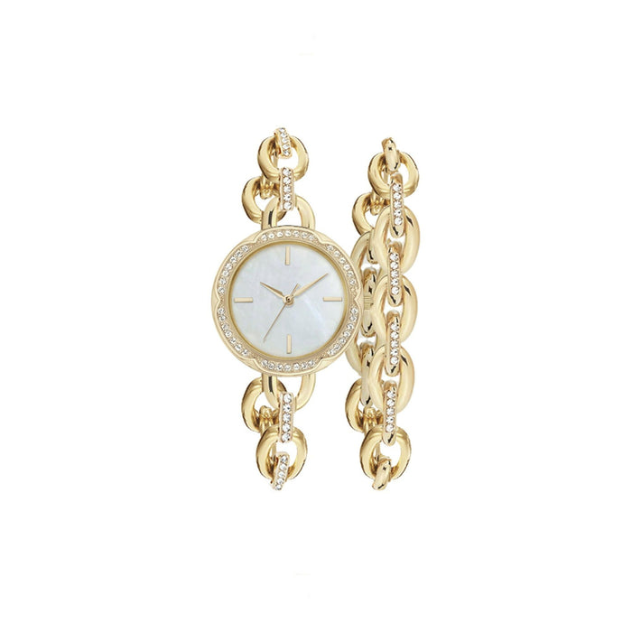 Time and Tru Women's Gold Tone Faux Crystal Bezel Watch and Bracelet Set, 2-Piece