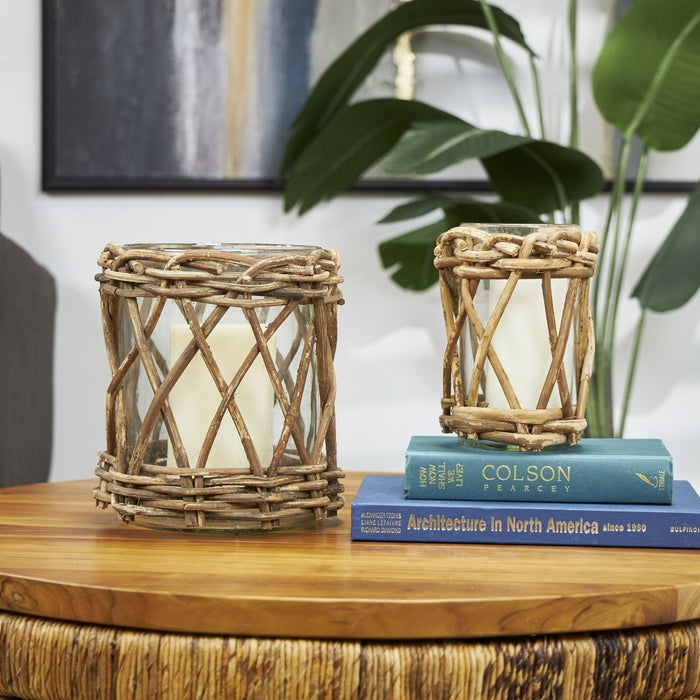 DecMode 2 Candle Glass Handmade Candle Holder with Brown Rattan Woven Exterior, Set of 2