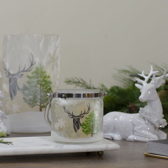 4" Deer Pine and Snowflakes Hand Painted Flameless Glass Candle Lantern