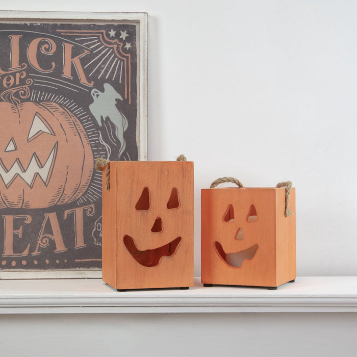 Northlight 6.25" Small Orange Wood Jack O Lantern Halloween Candle Lantern