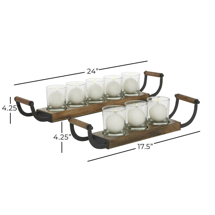 DecMode 8 Holder Brown Wood Tealight Candelabra, Set of 2