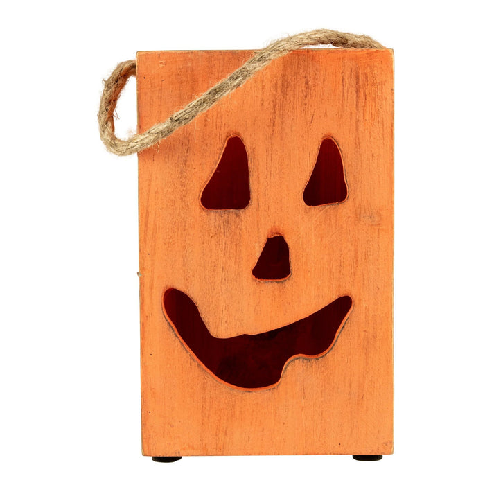 Northlight 8" Orange Wood Jack O Lantern Halloween Candle Lantern