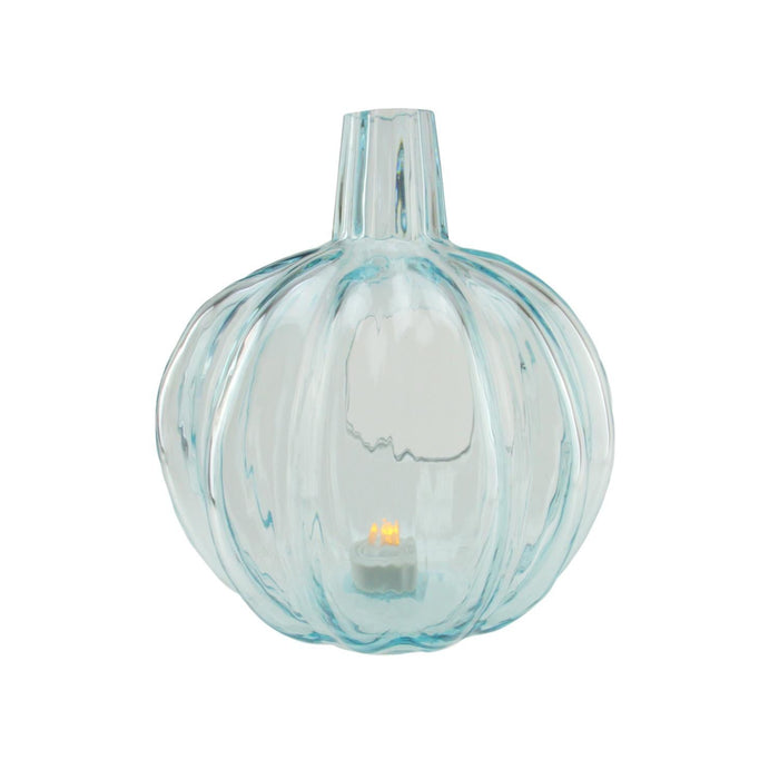 11" Transparent Light Blue Glass Pumpkin Shaped Pillar Candle Holder