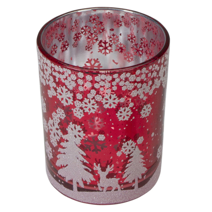 Northlight 5" Red and Shiny Silver Deer in Winter Woods Flameless Candle Holder