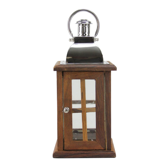 18" Modern Sheesham Wood Candle Lantern with Silver Metal Handle