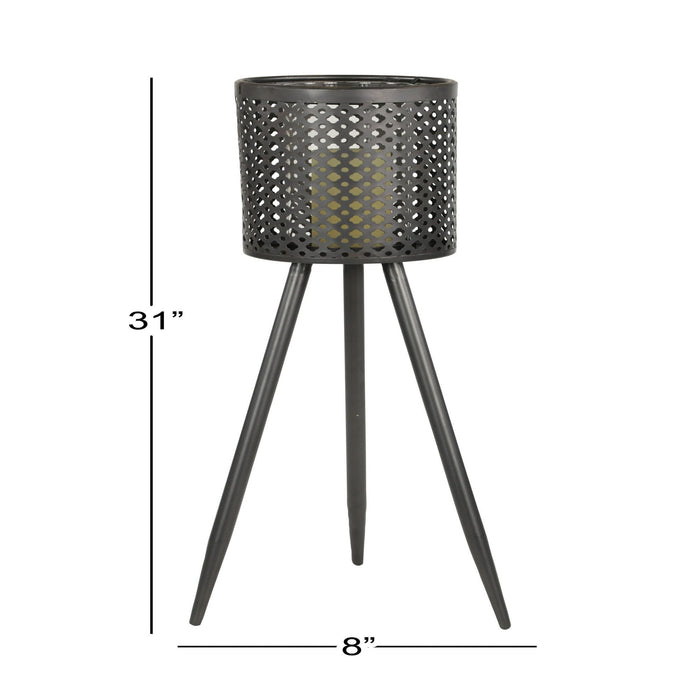 Decmode Large Round Pierced Black Metal Lantern Candle Holder with Tripod Base & Quatrefoil Pattern, 8' x 31'