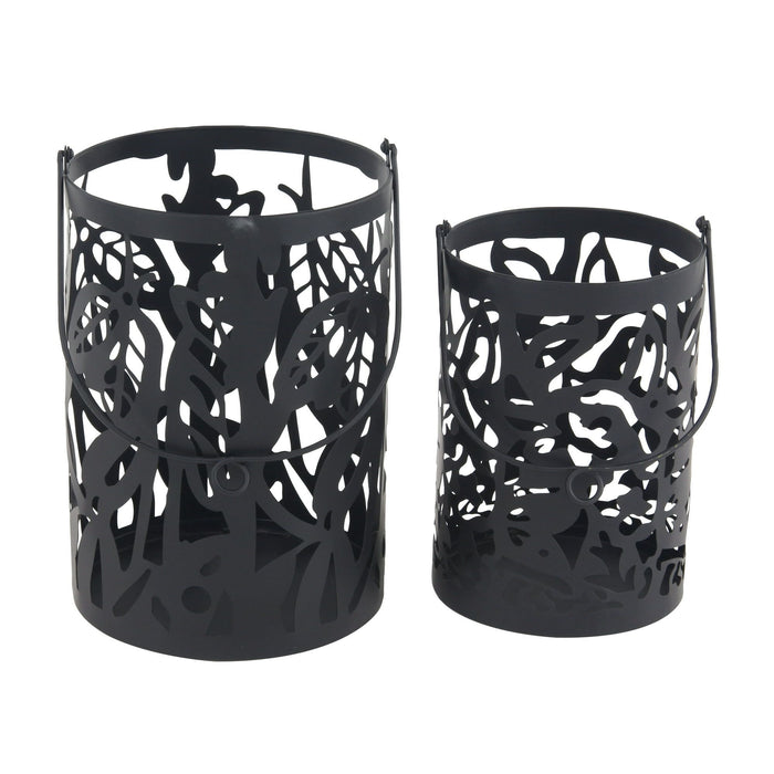 Decmode Eclectic 11 And 14 Inch Round Black Iron Candle Lanterns - Set of 2